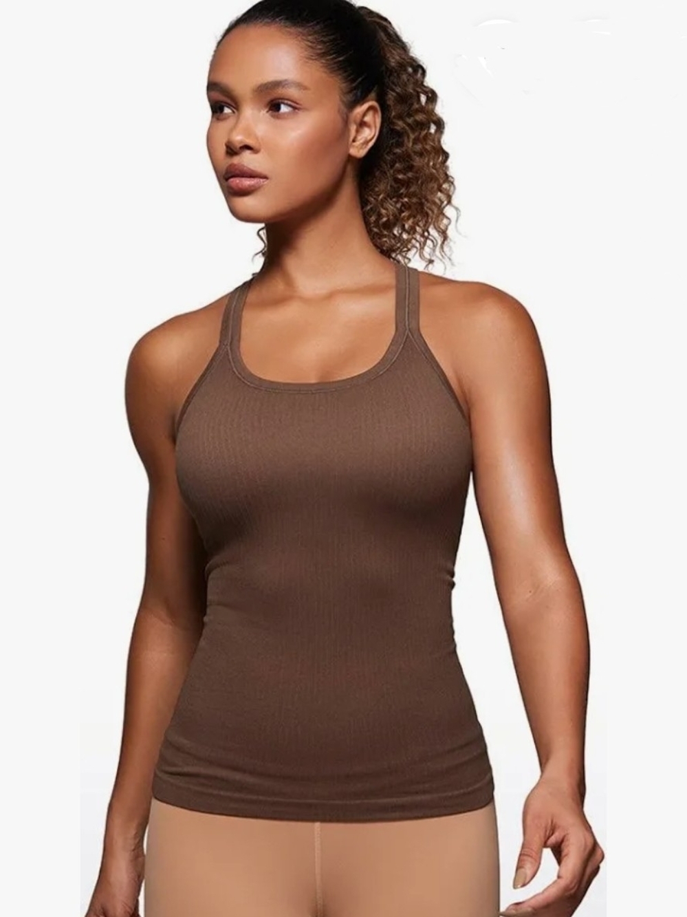 NWOT CRZ YOGA Seamless Racerback Built in Bra Ribbed Tank Chocolate Brown Sz M
